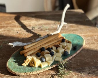 Handmade Stoneware Serving Platter with Driftwood Detail | Rustic Wabi Sabi Appetizer Tray