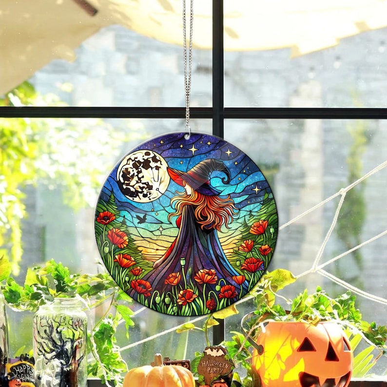 Witch Among Flower Garden ACRYLIC Window Hanging, Witch Halloween ...