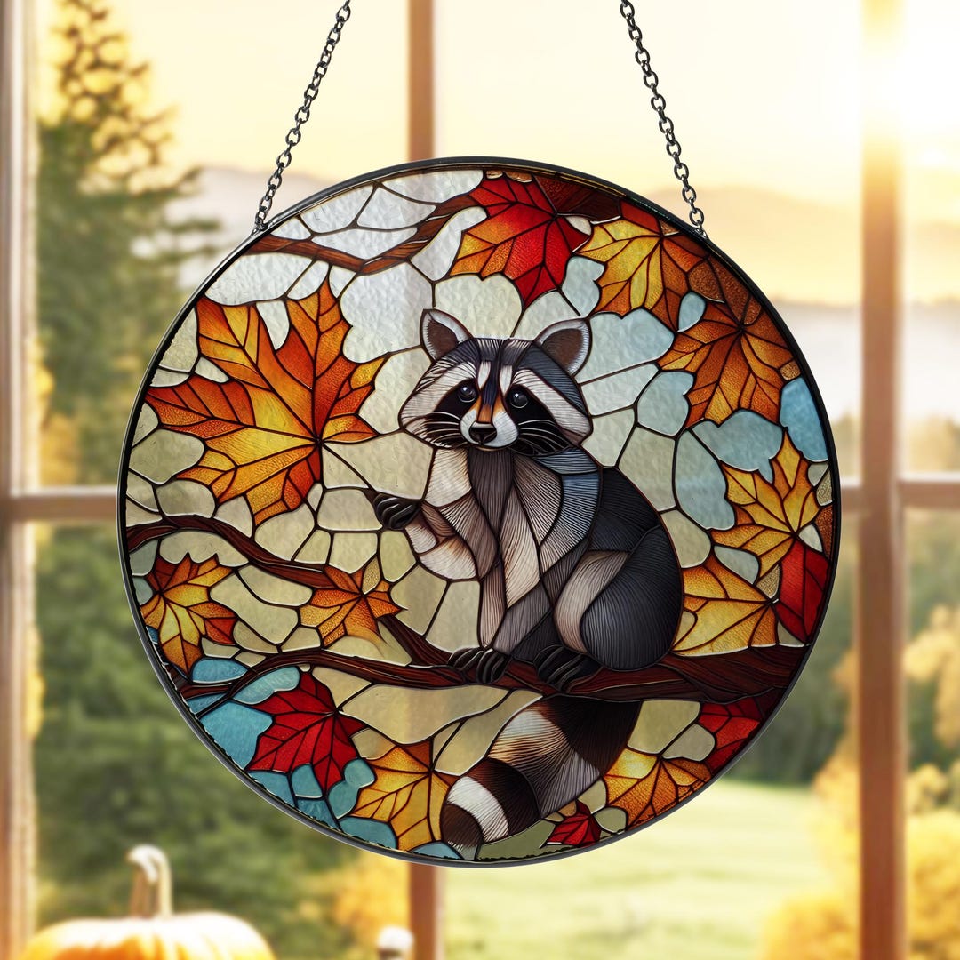Fall Racoon Decor Autumn Raccoon STAIN GLASS Decor, Fall and Raccoon Decor, Raccoon Lover ...