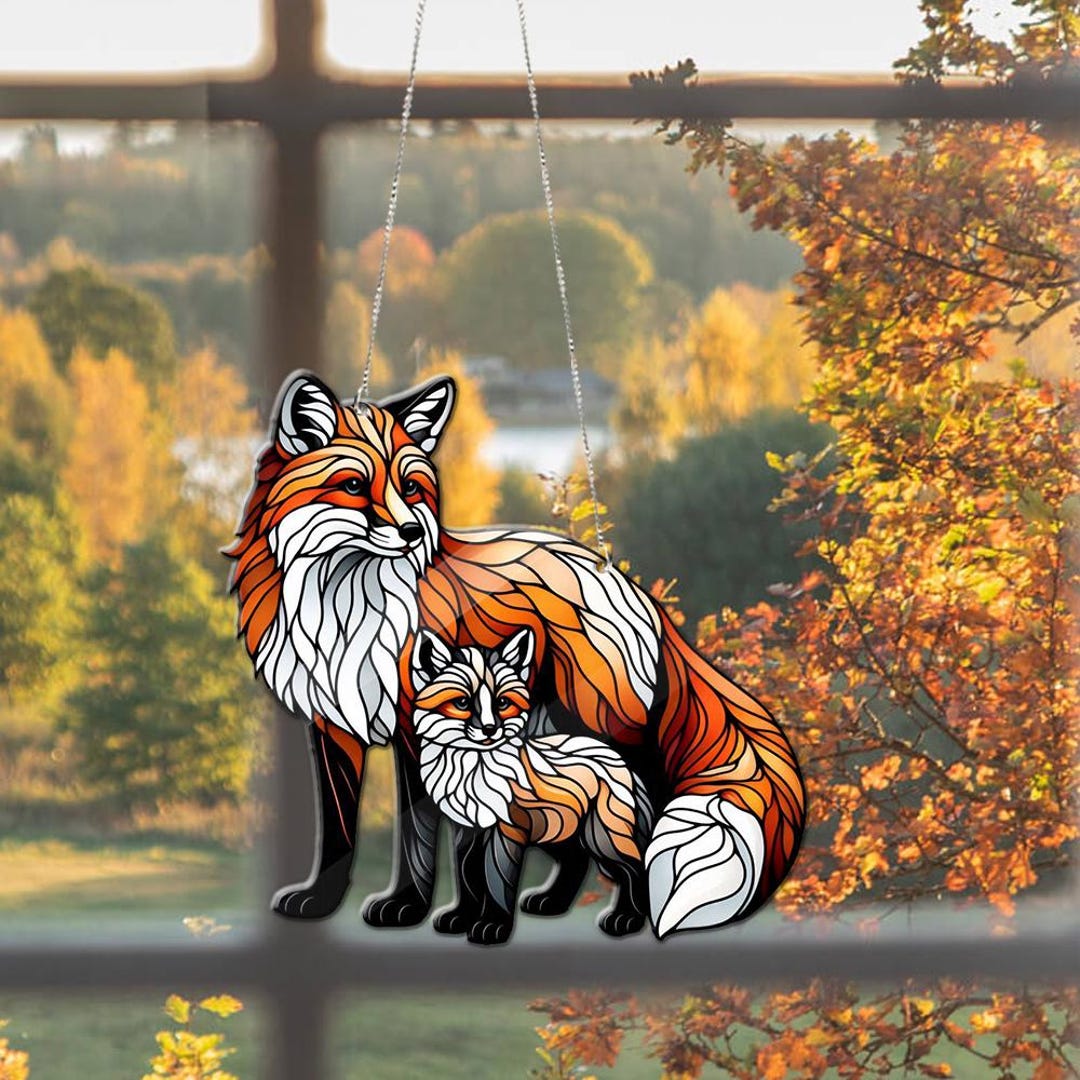 Fox Window Fox Family Window ACRYLIC Hanging, FAUX Stain Glass, Fox Lovers, Fox ...