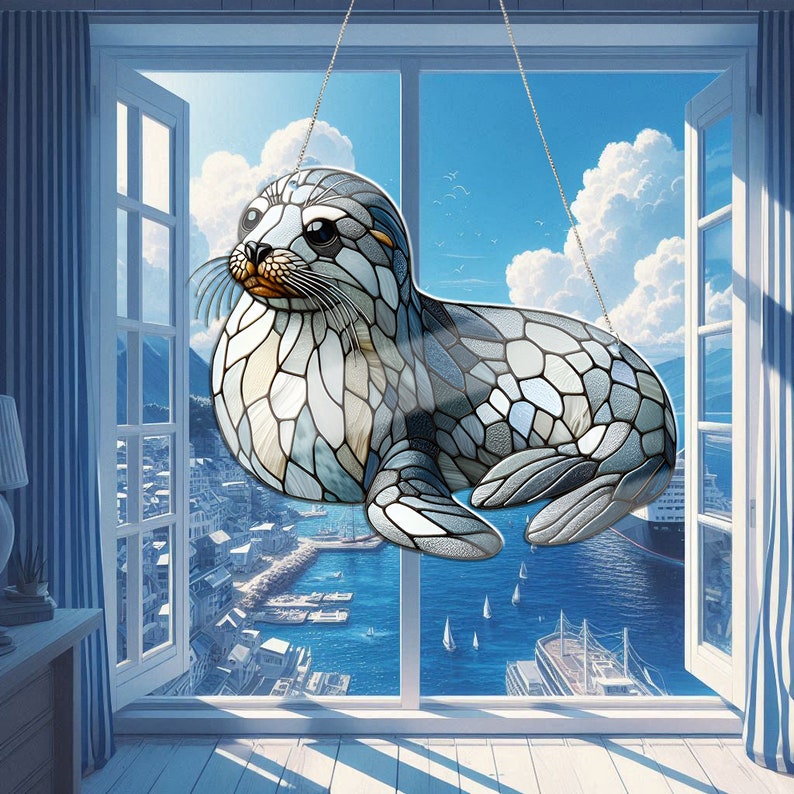 View of Seal Iceberg Acrylic Window Hanging, Seal Faux Stained Glass Inspired ...
