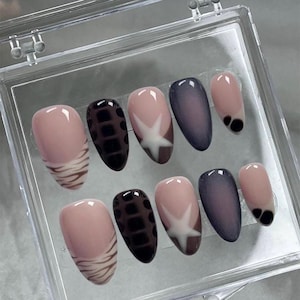 Press On Nails Pink Brown Star Aura Zebra Print Almond Reusable Handmade Nails