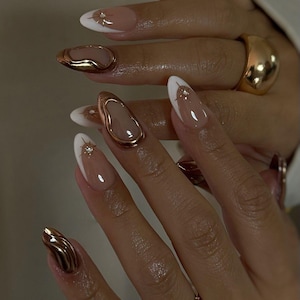 Press On Nails Bronze Gold Chrome Wavy 3D French Almond Reusable Handmade Nails