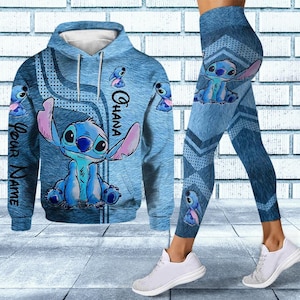 Sudadera con capucha personalizada de Stitch, leggings de Stitch de Disney, sudadera con capucha de Ohana Means Family, pantalones de yoga de dibujos animados, atuendo de gimnasio para mujer de Lilo y Stitch