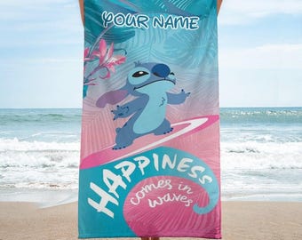 Toalla de playa personalizada de Stitch, toalla de verano de Disney Stitch, toalla de Lilo y Stitch, toalla de baño de dibujos animados, regalo de vacaciones de Disney para ella