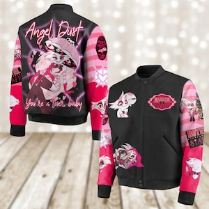 Chaqueta de béisbol Angel Dust Hazbin Hotel, chaquetas Charlie Alastor Morningstar para hombre, chaqueta de serie de anime, regalos para fanáticos de películas de dibujos animados