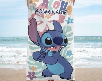 Toalla de playa Aloha personalizada con puntadas, bonita toalla de puntadas, toalla de playa para ella, toalla de baño de Disneyland, toalla de fiesta Aloha, regalo para amantes de puntadas