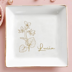 Personalized Birth Flower Jewelry Dish, Ring Trinket Dish With Custom Name, Birthday Ceramic Jewelry Dish, Wedding Gift For Bride
