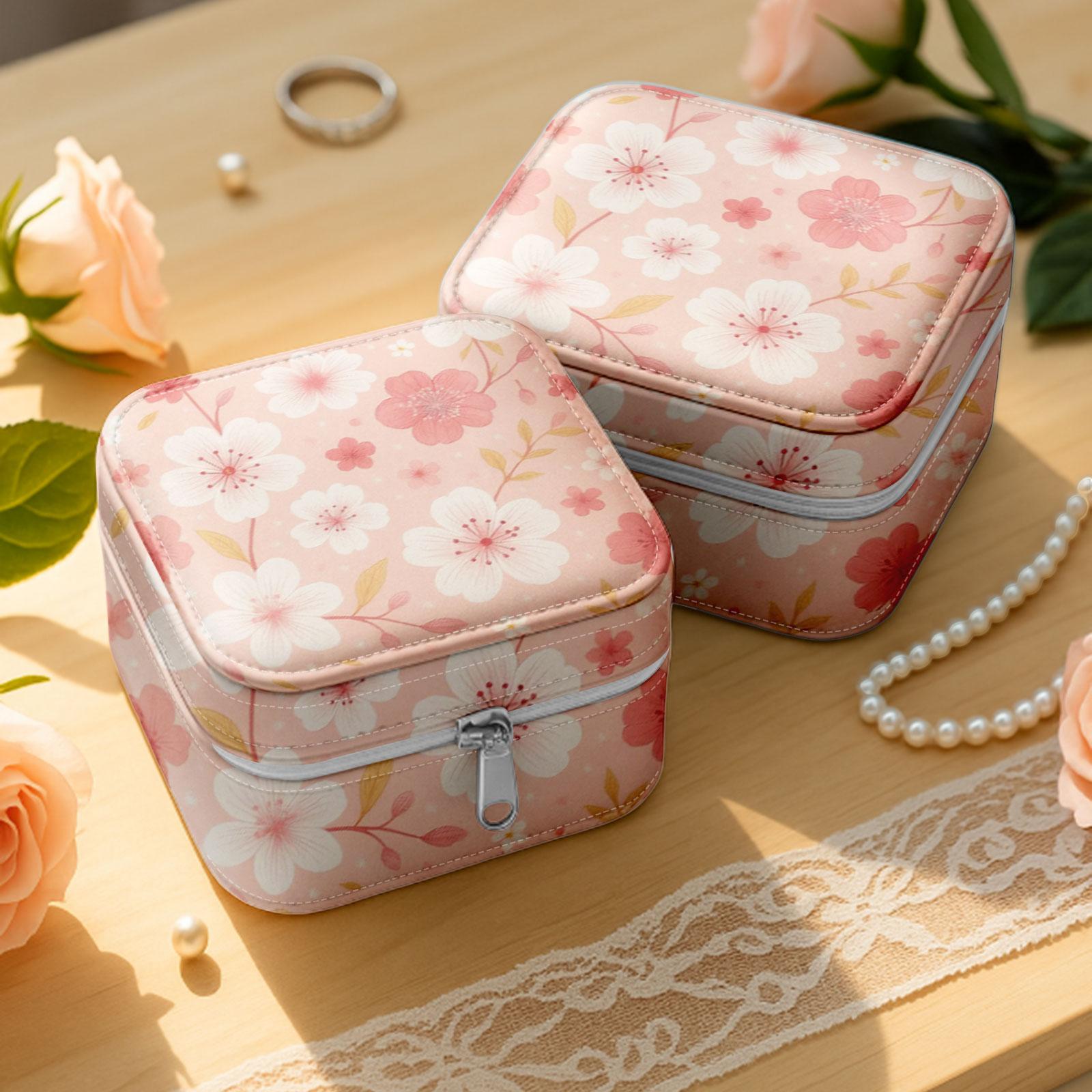 Jewelry Hanging Travel Organizer – Roll-Up Bag Holder With Pink Cherry Blossom Print