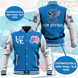 May include: Blue and white varsity jacket with Stitch and Angel designs. The front has "LOVE" and a heart graphic. The back says "HER STITCH". White sleeves feature Stitch graphics. Customizable text areas are also shown.