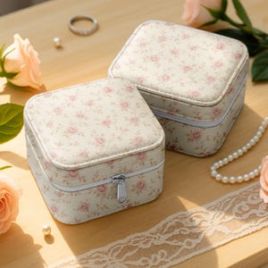 May include: Two square jewelry boxes with a cream-colored floral pattern. The boxes have a zipper closure and are made of a leather-like material. A ring, pearls, and a rose are also visible.