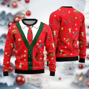 Cowboy With Bow Tie Suit Christmas Ugly Sweater, Red Men Suit Xmas Sweater, Funny Holiday Sweatshirt For Men Kids, Winter Men Outfits