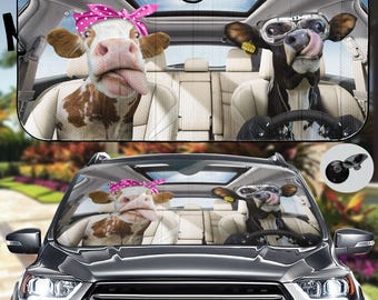 Tongue Out Cows Car Sunshade, Cow Couple Auto Car Sunshade, Car Windshield Cover For Animal Lover, Funny Protect Front Window