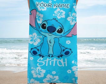 Toalla de playa Stitch Aloha, toalla de playa personalizada, toalla de baño Stitch, toalla de playa Disney, toalla de playa de verano, divertido regalo de amor con Stitch