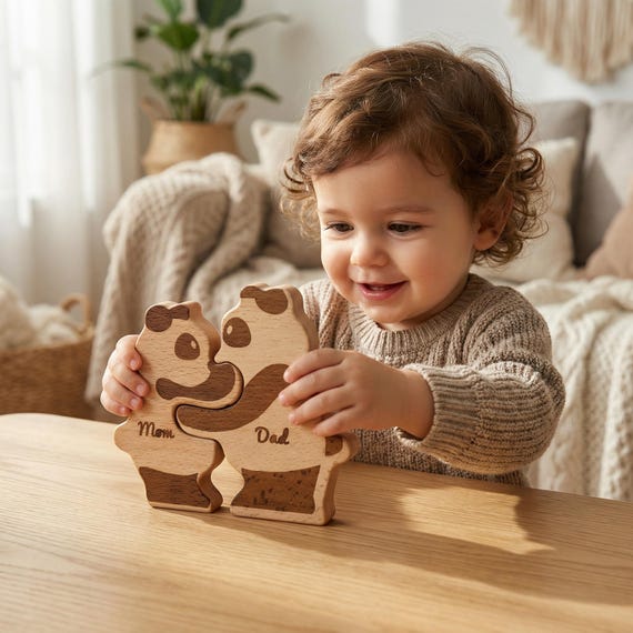 A laser-engraved wooden panda family puzzle doubles as wall décor and a keepsake — the 'family portrait as puzzle' concept is genuinely charming.