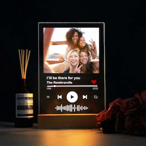 Puede incluir: Un marco de fotos digital que muestra una foto de cuatro amigos tomando una selfie. El marco muestra una interfaz de reproductor de música con la canción "I'll be there for you" de The Rembrandts en reproducción.