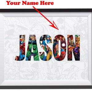 Impresión personalizada con el nombre de Marvel/Póster de superhéroes/Arte digital de lienzo de los Vengadores/Póster personalizado para hija e hijo/Regalo de cumpleaños de superhéroe