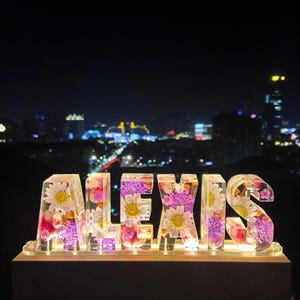 Lámpara de escritorio con nombre de flor prensada personalizada / Lámpara de escritorio con arte epoxi / Letrero con nombre de bebé / Luz nocturna LED de resina / Regalo de aniversario / Decoración de escritorio / Lámpara infantil