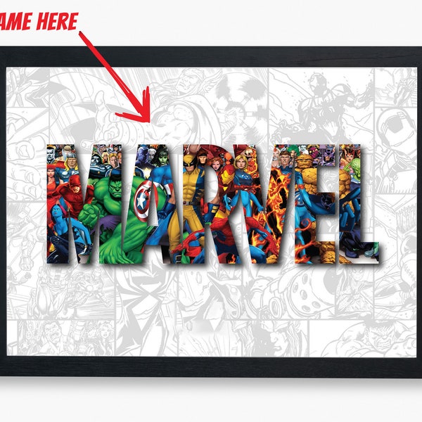 Impression personnalisée MARVEL NAME | Posters de personnages de super-héros, affiches d'art mural numérique sur toile Avenger | Poster personnalisé fille, fils | Cadeau d'anniversaire de super-héros