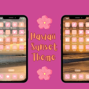 May include: Two iPhone screens with a sunset theme. The screens have pink and white icons with white text. The icons include apps like Etsy, TikTok, Photos, Amazon, Uber Eats, Clock, Venmo, Weather, Facebook, Podcasts, Music, Calendar, Ring, Gmail, Camera, YouTube, Phone, Siri, Spotify, and Google.