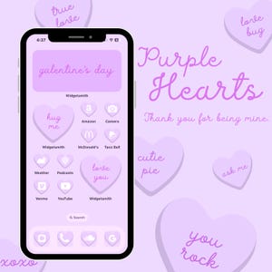 Purple Candy Heart Theme for Valentines Day | App Icon Pack for iOS, Love Phone Aesthetic, Cute app icons, Aesthetic iPhone Home Screen