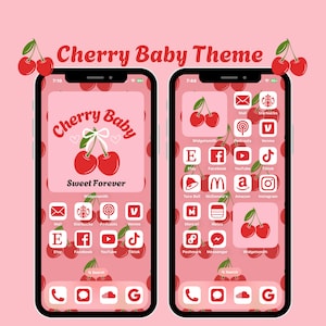 May include: A pink and white phone screen with a cherry baby theme. The background is a pink pattern of cherries. The icons are white with red outlines and include apps like Mail, Starbucks, Podcasts, Venmo, Etsy, Facebook, YouTube, TikTok, Taco Bell, McDonald's, Amazon, Instagram, Mercari, Notes, Poshmark, Messenger, and Widgetsmith.