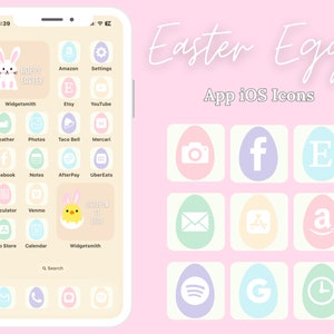 May include: A set of nine pastel-colored Easter egg-shaped app icons for an iPhone. The icons feature various app logos, including Facebook, Instagram, Amazon, Etsy, and more.