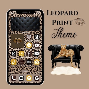 May include: A leopard print phone theme with a black and gold color scheme. The phone screen shows a variety of apps, including social media, shopping, and communication apps. The background is a leopard print pattern with gold accents.