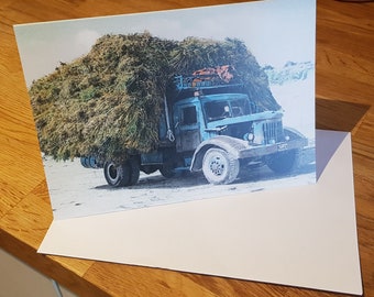 Greetings card, depicting Blue Hay Truck, Birthday card