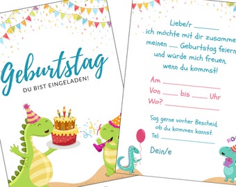 Carte d'invitation pour fête d'anniversaire pour enfants, animaux dinosaures (A6)