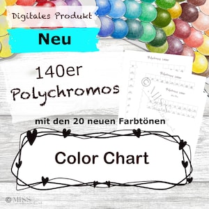 Könnte beinhalten: Eine digitale Farbkarte für 140 Polychromos-Stifte inklusive 20 neuer Farbtöne. Das Bild enthält den Text Digitales Produkt, Neu, 140er Polychromos, mit den 20 neuen Farbtönen und Color Chart sowie eine Darstellung von farbigen Kugeln.