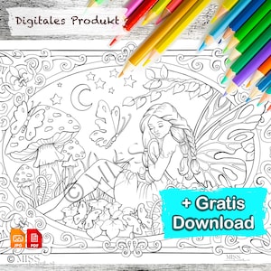 以下が含まれることがあります： 黒と白の線画の塗り絵。羽根のある妖精が、三日月と星を背景に、キノコの上に座っている。右下に「+ Gratis Download」の文字がある。