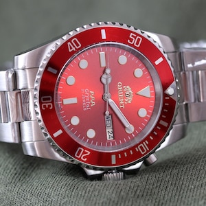 Vintage Red men&#39;s watch Orient automatic with calendar, large watch for men, waterproof watch, ORIENT MAKO