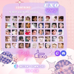 Puede incluir: Un gráfico de descarga digital en tonos rosas y morados. Presenta una cuadrícula de 35 imágenes pequeñas de personas, con el texto "CONTAINS 5 Gif each members". El gráfico también incluye el texto "EXO EMOTE PACK", "Thank you" y "INSTANT DOWNLOAD 128 X 128".
