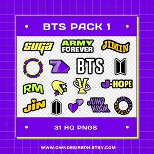 Pack de 31 stickers BTS haute qualité au format png | Kpop numérique | Logotype | ARMÉE | Imprimable | cliparts, décalcomanies | Sublimation, vinyle | Téléchargement instantané