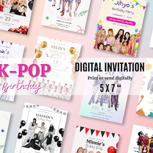 Faire-part d'anniversaire Kpop, faire-part carte numérique personnalisé, invitation à une fête Kpop imprimable, modèle EVITE pour mobile | BTS, Stray Kids, Twice, Enhypen