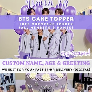 Spersonalizowany zestaw topperów na tort i babeczki BTS | Spersonalizowane pozdrowienia | Dekoracje urodzinowe K-pop | Na każdą okazję | Plik do druku cyfrowego
