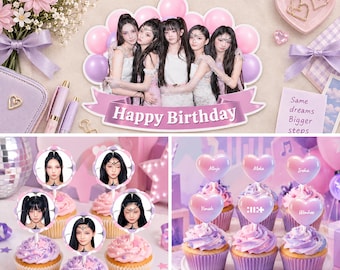 May include: A custom cake topper featuring a group photo of five individuals, pink balloons, and a banner reading Happy Birthday. Includes smaller circular cupcake toppers with individual portraits and heart-shaped toppers with names.