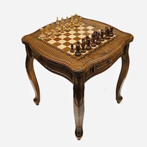 Luxury Handmade Chess Table – Wooden Game Table with Drawer & Full Chess Set | Rustic Decor and Gift for Him