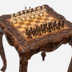 Luxury Chess Table with Wooden Chess Pieces / HANDMADE
