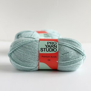 K&ouml;nnte beinhalten: Zwei Kn&auml;uel hellblaues Garn mit der Aufschrift "PRO YARN STUDIO Premium Acrylic DK".