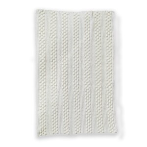 May include: A white crocheted throw blanket with a textured pattern of vertical stripes.
