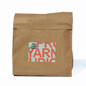 May include: A brown paper bag with a logo that says "Pro Yarn Studio" in red letters on a light blue background.