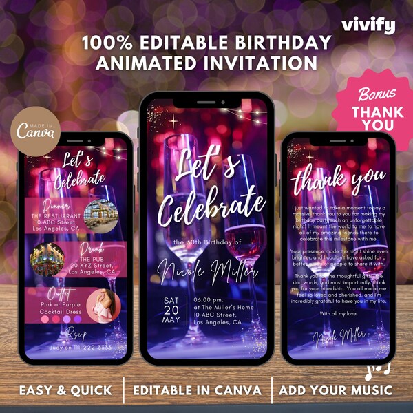Animated birthday dinner video invitation, pink purple editable digital invite, party celebration, personalized text invite, customizable