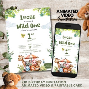 Bearbeitbare Safari-Geburtstagseinladung, animierte Wild One Birthday einladen, 1. Geburtstag elektronisch, digitale Evite, druckbare Kartenvorlage