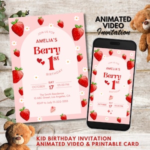 Bewerkbare Berry eerste verjaardagsuitnodiging, geanimeerde aardbei verjaardag uitnodigen, Berry 1e verjaardag meisje video Evite, afdrukbare kaartsjabloon
