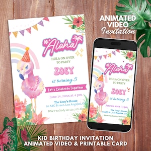 Convite para festa Aloha, modelo editável de convite de aniversário para meninas havaianas, convite em vídeo animado, festa de aniversário de verão, modelo de cartão para impressão