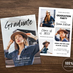 Canva bearbeitbare Abschlussvorlage, herunterladbare Fotokartenvorlage, Grad Party einladen, bestandene Ankündigung, moderne Abschlusseinladung