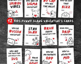 May include: Set of 12 kids' Valentine's Day cards with funny slang phrases like "Skibidi Vibes" and "You're Bussin Valentine!" Each card features a unique cartoon monster illustration in black and white with red accents.