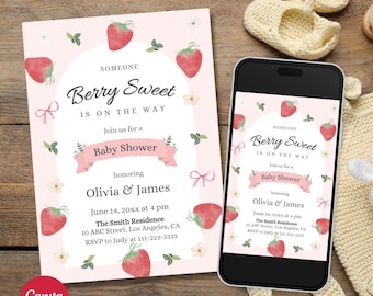 Coquette Berry Baby Shower Invitation, Editable Pink Bow Strawberry Baby Shower Invitation, Berry Sweet Invite Baby Shower, Girl Baby Shower
